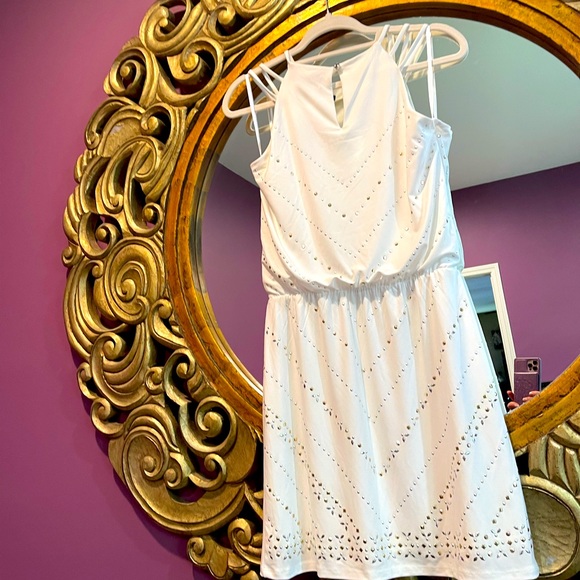 White House black market nwt xs white v neck dress gold silver - Picture 6 of 10